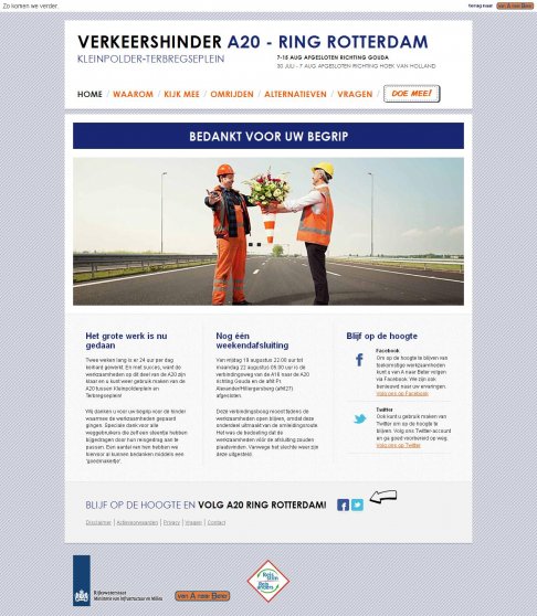 Van 30 juli tot 15 augustus was de A20 Ring Rotterdam afgesloten voor groot onderhoud. Om automobilisten informeren over de mogelijke  reisalternatieven heeft Zicht in opdracht van Rijkswaterstaat een nieuwe online omgeving ontwikkeld.
